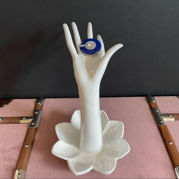 Royal Blue Enamel Round Shaped Stretch Cocktail Ring In Silver Plating Size 7/9 - Picture 9 of 9